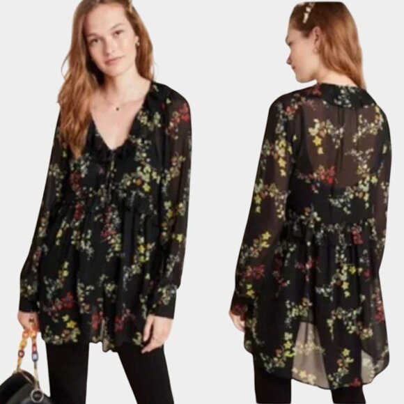 Anthropologie Jamison Floral Ruffles Flowy Tunic Blouse M Romantic Whimsy Goth - Picture 1 of 12